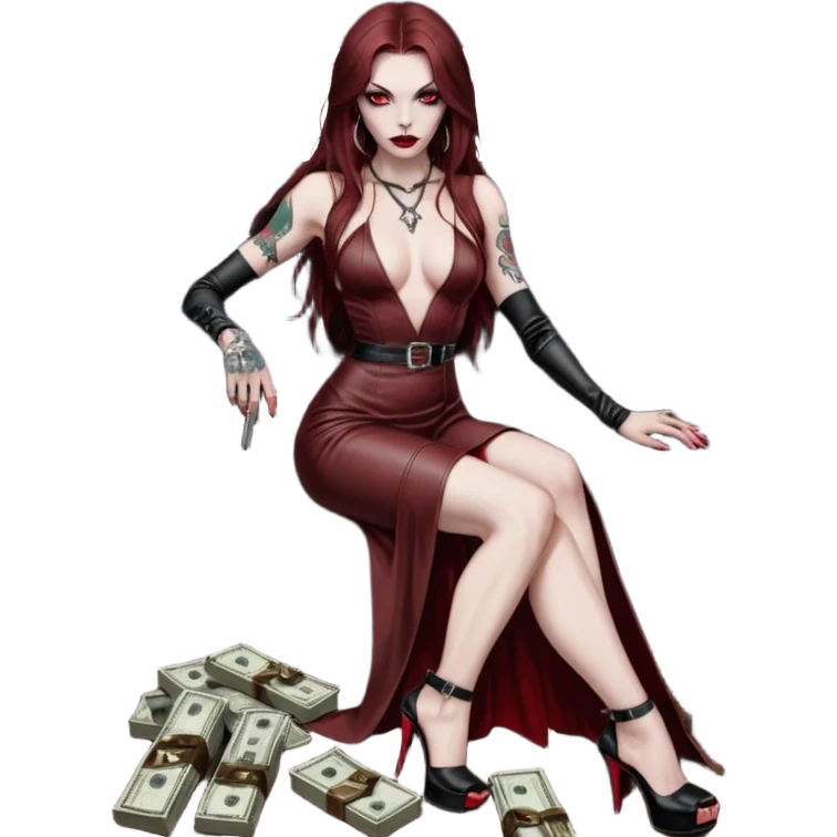 Lilith symbol red eye seductress evil long brown haired sexy succubus woman with leather long dress with slit, sitting in Big Large F350 pickup truck. Black Platform high heels on feet. Tattoo sleeve arms, seat full of stacks of cash, and a man dead human skull of her enemies and a gun in other hand emoji
