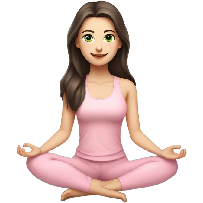 Dark brown long hair and green eyes yoga beautiful girl with pale skin in light pink pink pink clothes sitting on a yoga mat emoji