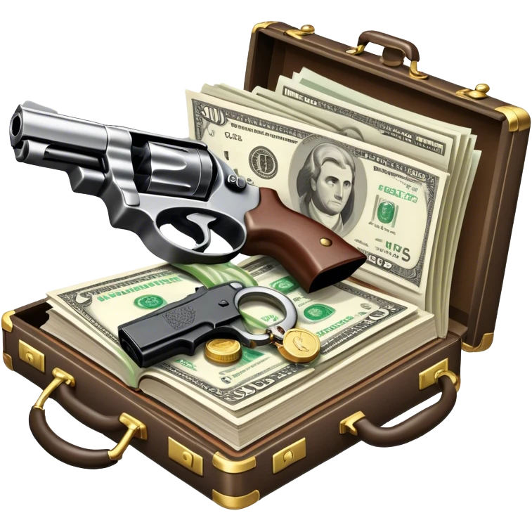 Icon for Action & Crime Reading: an open book with action-packed scenes, featuring a gun, handcuffs, a detective's badge and a briefcase with money. The icon should capture the tension and excitement of crime and action stories. Transparent background. emoji