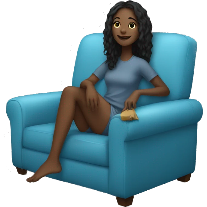 black girl, straight hair, lounging on a comfy blue couch, with her feet up, looking relaxed and happy emoji