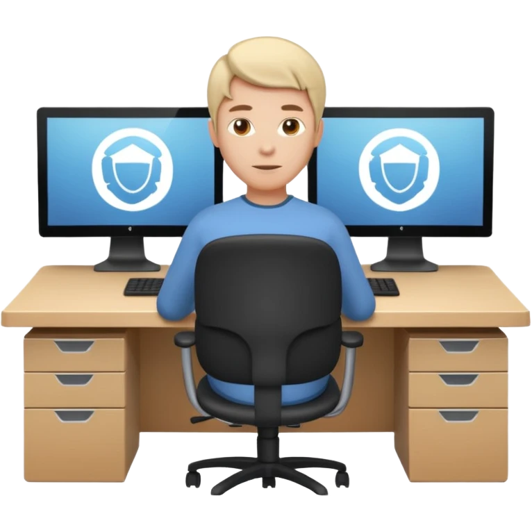 A stylized 3D avatar icon of a developer sitting at a desk, surrounded by three curved monitors floating around them. The screens show browser tabs, documentation, and code. emoji