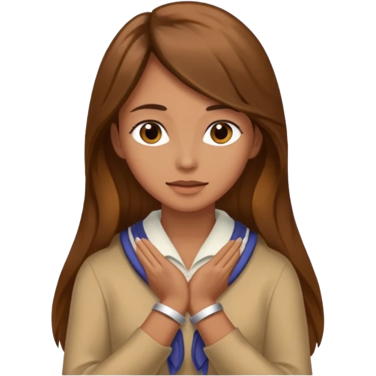 women with brown long hair with her hands around her neck. emoji