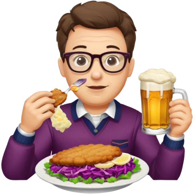 Man with glasses german eating schnitzel, red cabbage, sauerkraut, potato salad, and beer emoji