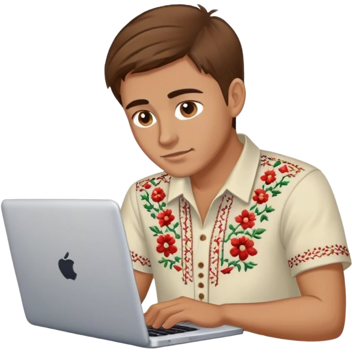 A Ukrainian guy with brown hair in an embroidered shirt works at his laptop emoji