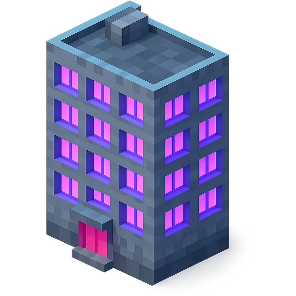 voxel style Russian panel apartment building with fewer blocks, gray concrete, windows glowing with ultraviolet (UV) color, isometric view emoji