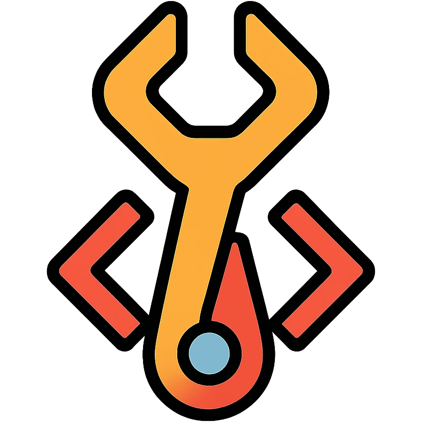 A wrench tool made out of HTML code, with tags and brackets forming the shape of a wrench emoji