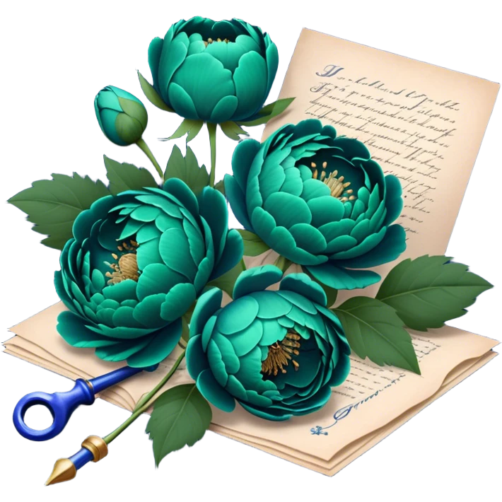 A charming arrangement of deep green peonies placed beside an old blue love letter with an intricate navy blue wax seal. emoji