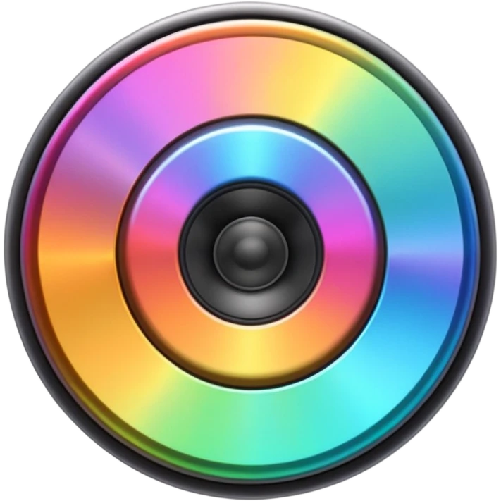 A speaker emoji 🔊 with a smooth CD-like surface that reflects iridescent colors shiny plastic body, prismatic reflections shifting across the front, soft sparkles and light gleams, holographic sheen, clean simple shape, bright colorful highlights emoji