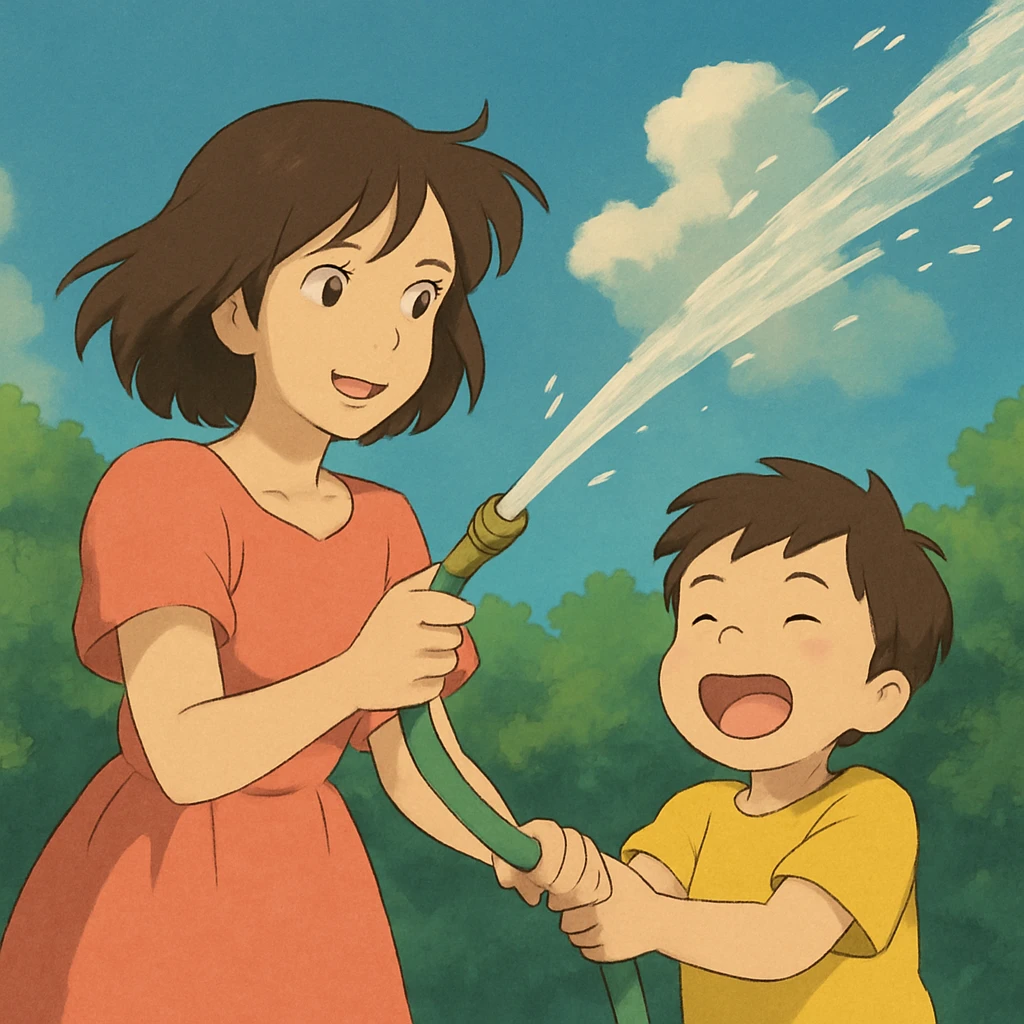 people spraying water on the left side in ghibli style emoji