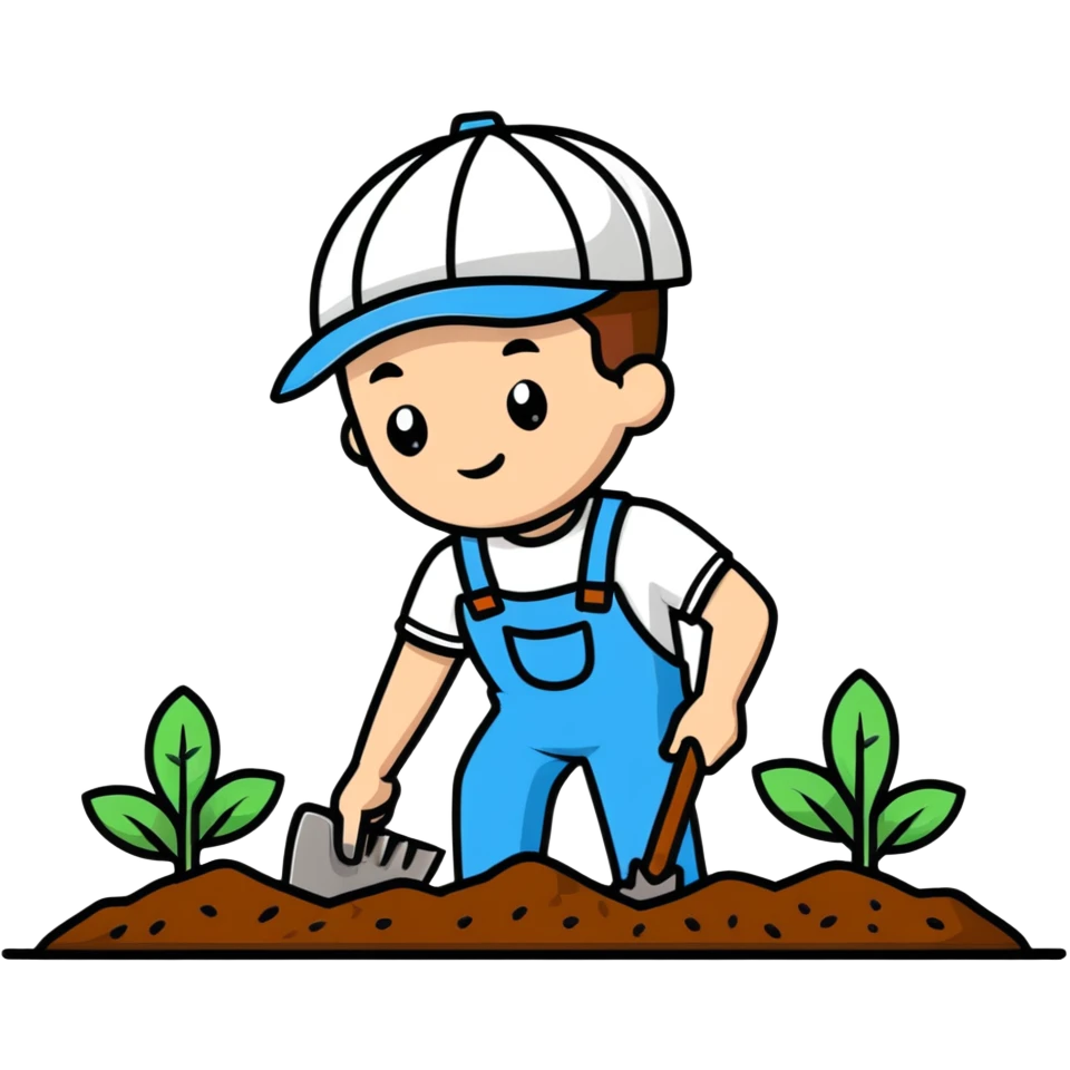 focused young white male gardener digging soil emoji