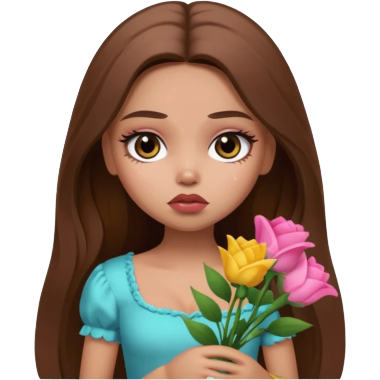 sad pretty bratz baddie, long brown hair holding flowers emoji