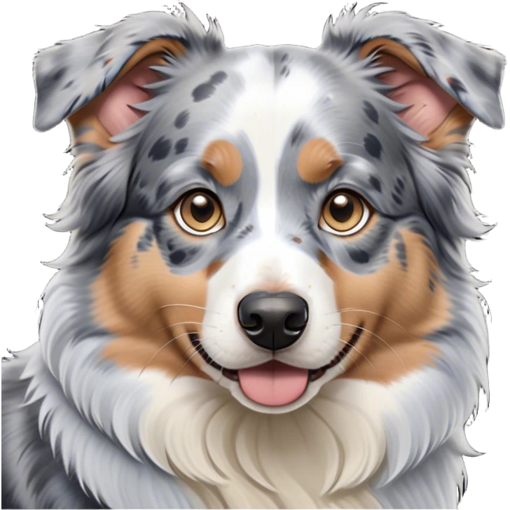 Cinematic Cute Tan Point Blue Merle Australian Shepherd Portrait Emoji, Head tilted playfully and inquisitively, soft blue merle fur accented by vibrant tan points and subtle white markings, round, sparkling blue eyes filled with curiosity, Simplified yet irresistibly adorable features, highly detailed, glowing with a warm, friendly glow, high shine, affectionate and lively, stylized with a touch of whimsy, bright and endearing, soft glowing outline, capturing the essence of a mischievous yet loving pup, so playful it feels like it could bound out of the screen and into your arms! emoji