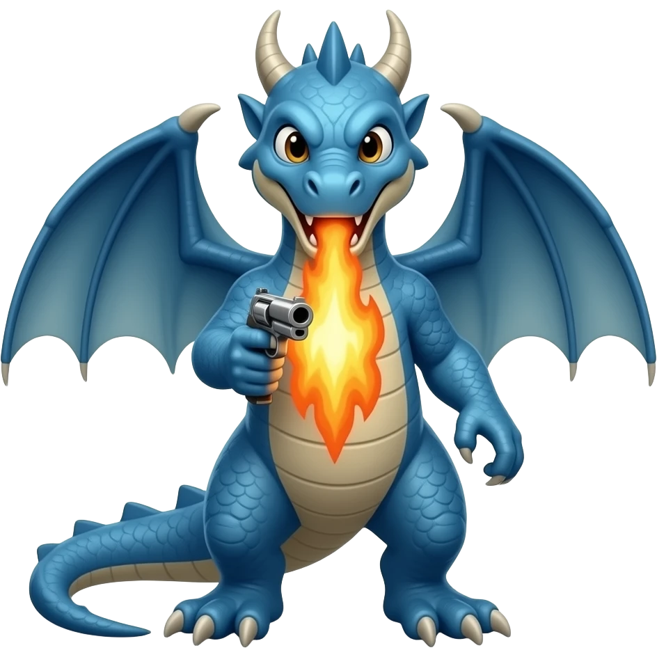 Blue dragon breathing fire holding a gun front facing emoji