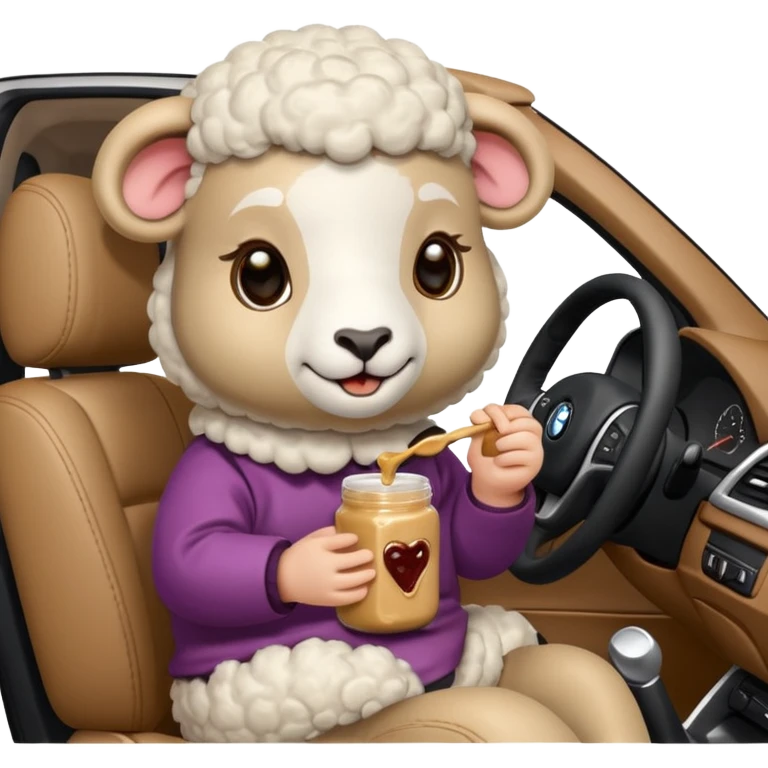 cute baby sheep eating peanut butter and jelly driving in a bmw x1 emoji