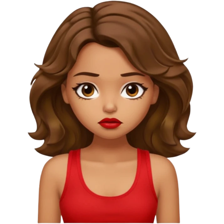 generate a pretty tan bratz girl with brown wavy hair long wearing a red tank top, red lipstick. Looking sad emoji