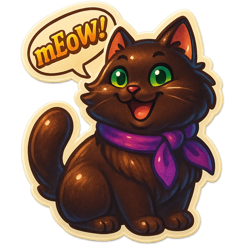 Fluffy cute silly smiling happy dark-brown cat with green eyes and a purple scarf saying ‘mEoW~!’ (With a speech bubble) emoji
