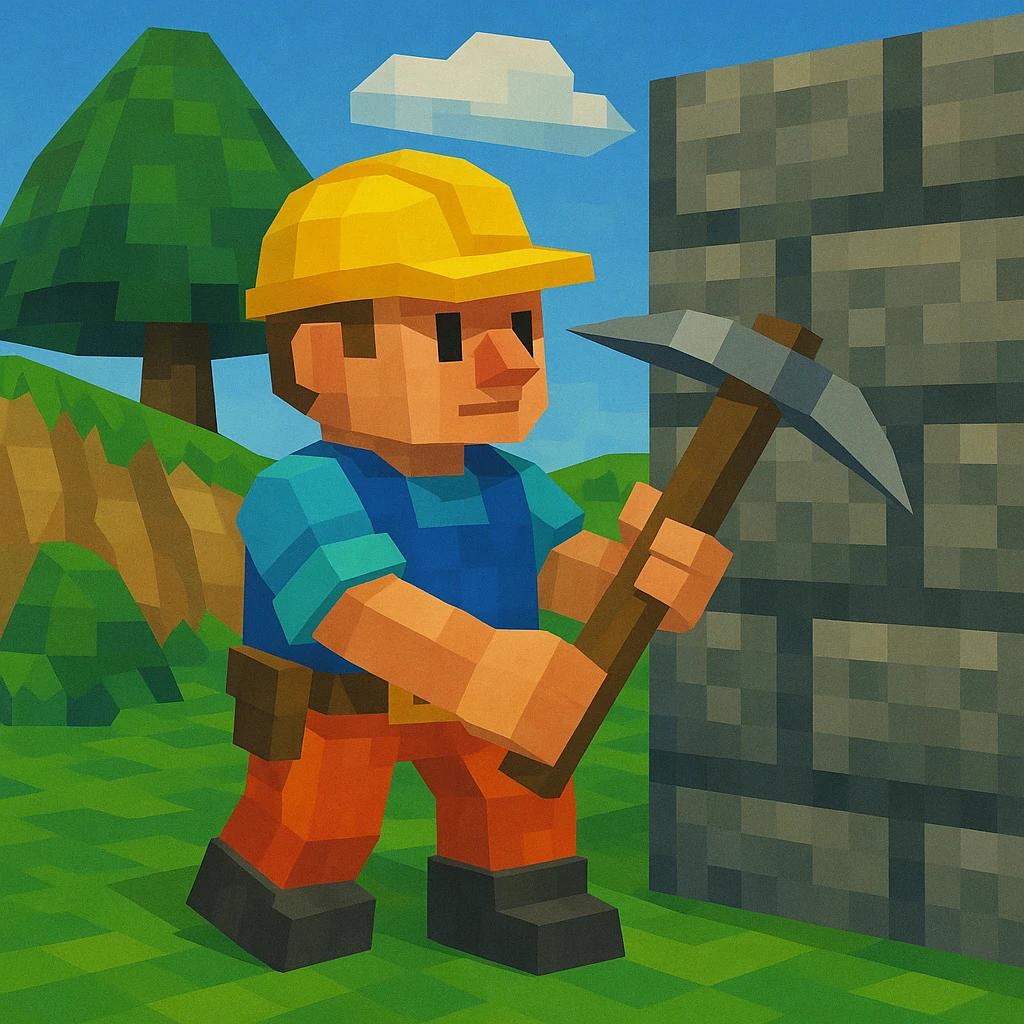 Builder holding a pickaxe near a stone wall
 emoji