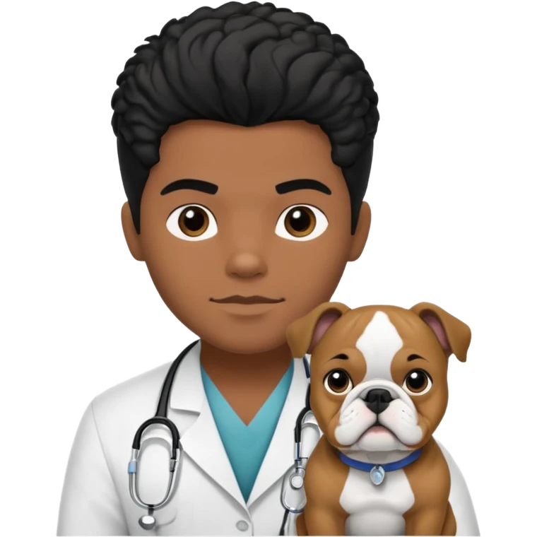 joven médico con el pelo un poco largo pero no tanto y lacio, que tenga un estetoscopio de color de piel tez negra calida !!! que sostiene un bulldog francés blanco y negro  emoji