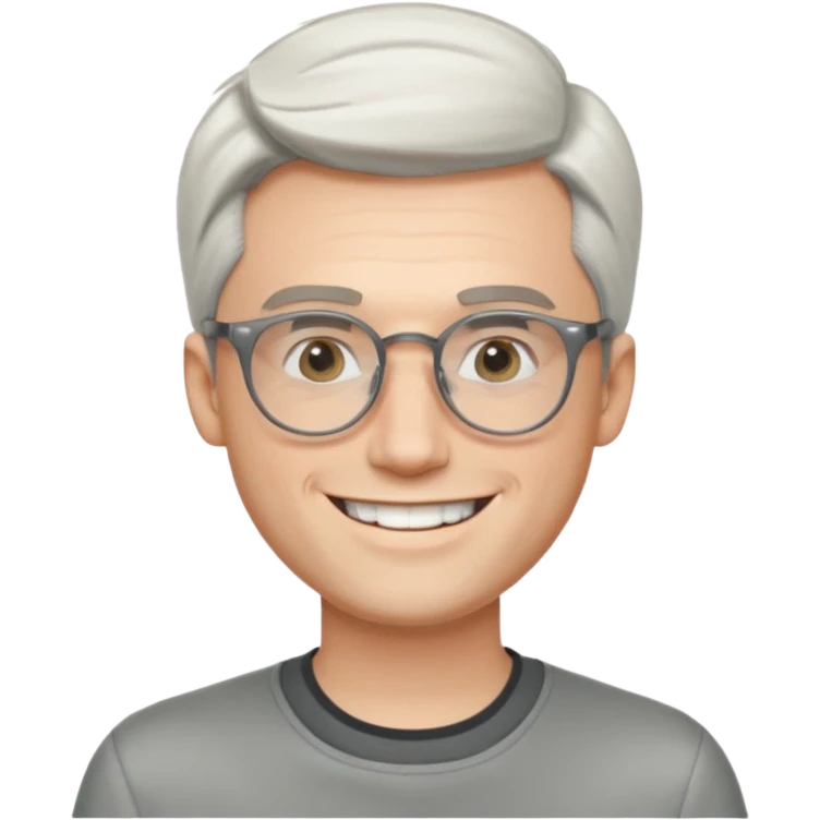 30 yr old pale white man, white/grey side swept stylish hair, round glasses, big smile, white teeth, handsome, longer hair, thin glasses,  smooth forehead, open collar, trendy emoji