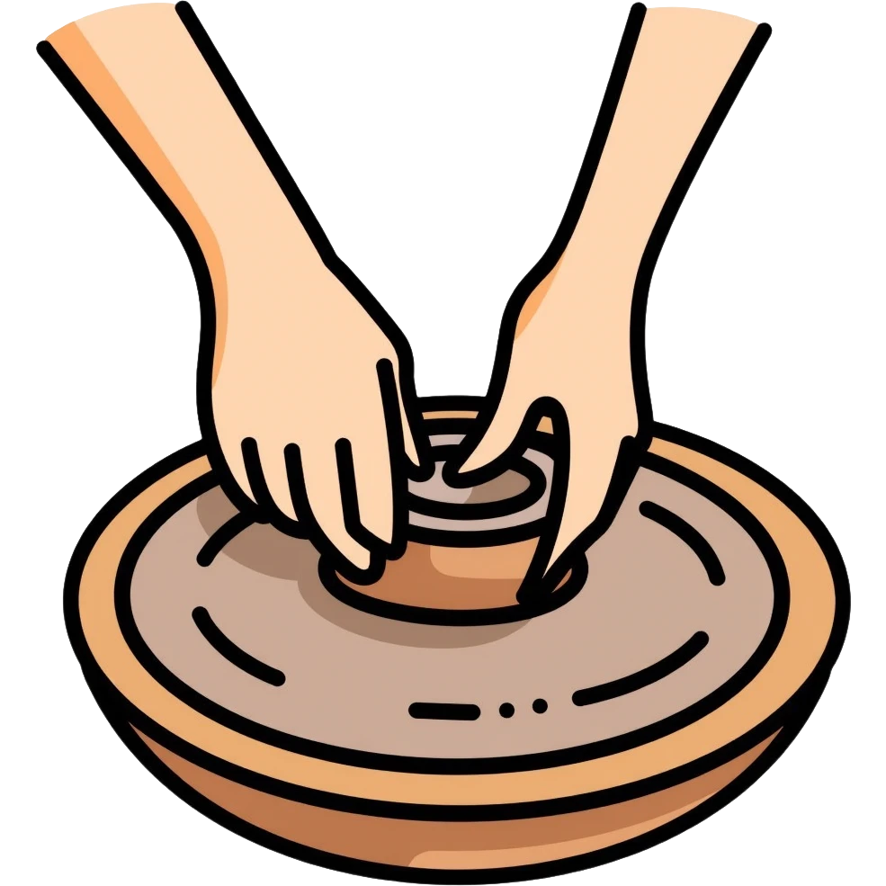 Two hands working on clay pottery, pinching and lifting clay on a pottery wheel, simple clean design with color outlines emoji