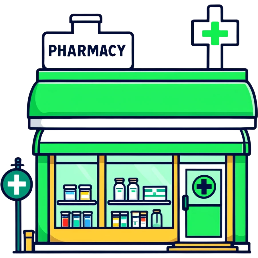 Pharmacy storefront, green cross sign emoji