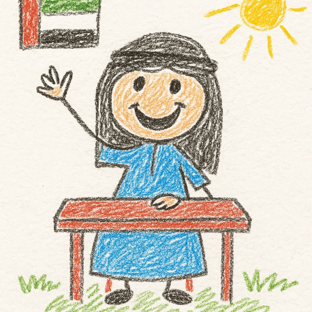 cheerful child character raising their hand in class, wearing traditional Emirati clothing, UAE flag visible in the background, colorful and playful style suitable for kids emoji