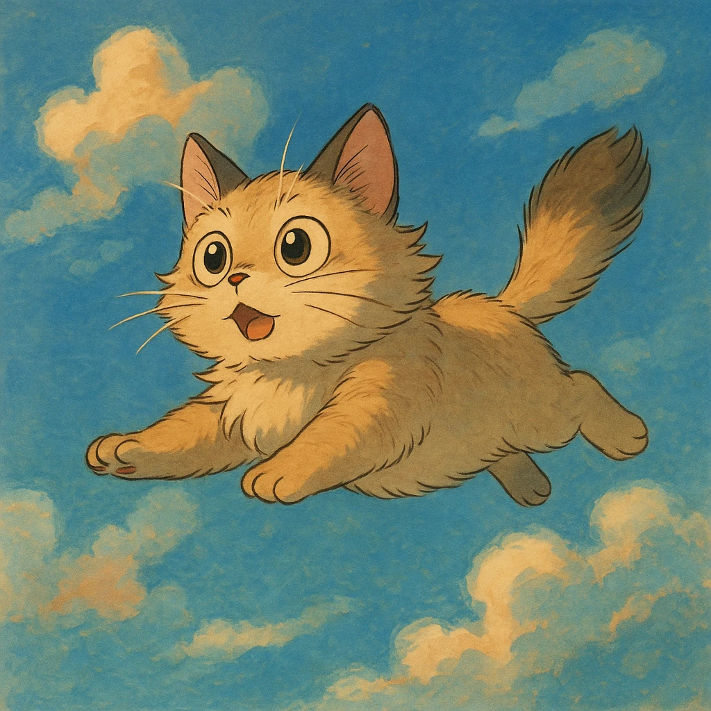 flying cat with expressive eyes in a dreamy sky background in ghibli style emoji