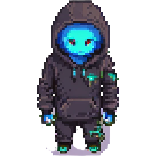 Pixelated hacker figure with hoodie and glowing eyes emoji