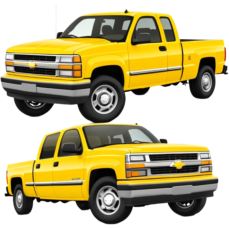Simplified bright yellow 1997 Chevrolet C-2500 Crew Cab Silverado from Kill Bill, 30-degree angle, four-door pickup truck, minimal details, vibrant yellow color, iOS emoji style emoji