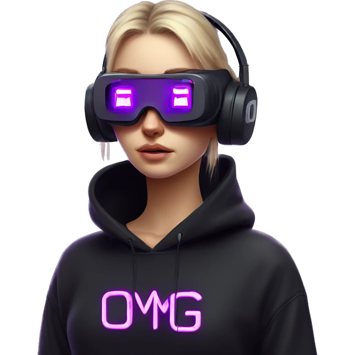 Russian girl wearing black hoody with violet letters "OMG", in vr headset. Cyberpunk style. Violet neon. emoji
