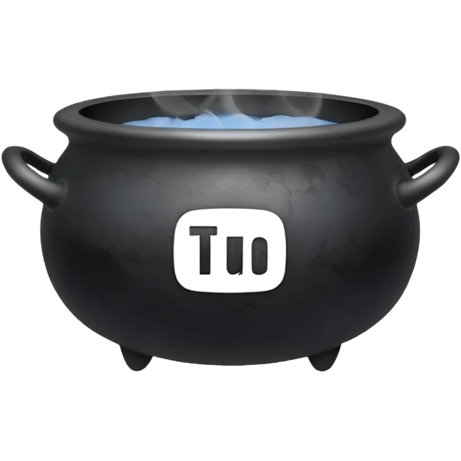 A black cauldron with smoke rising, and the white YouTube play button logo floating above the smoke emoji