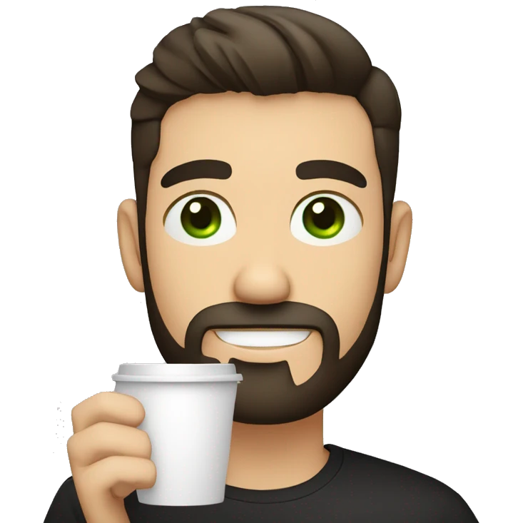 Handsome man with dark hair, holding an cup of coffee, gradient short hair on the side, green eyes. Thin face. Black t-shirt. A little beard. emoji