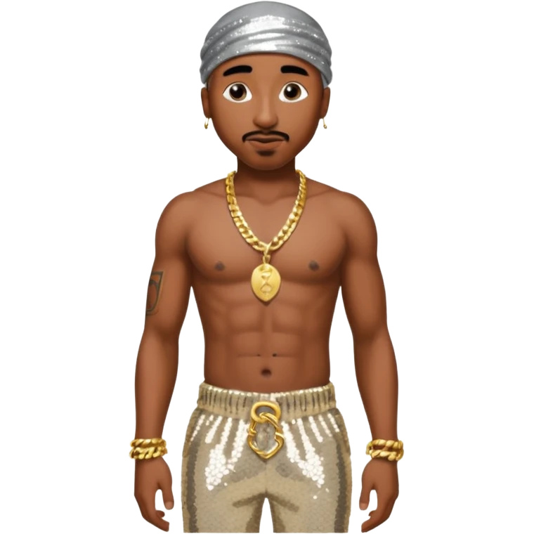 Tupac with silver sequin harem pants, shirtless with necklace emoji