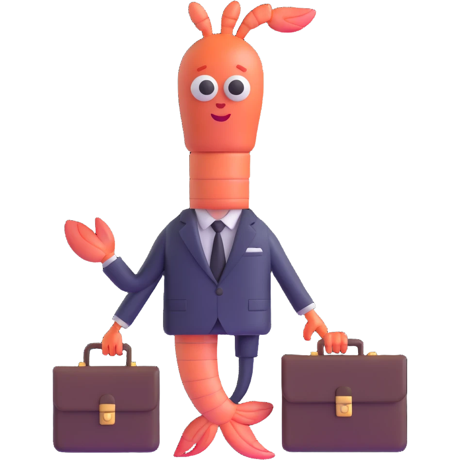 shrimp wearing business suit with briefcase, businessman shrimp, memoji style emoji