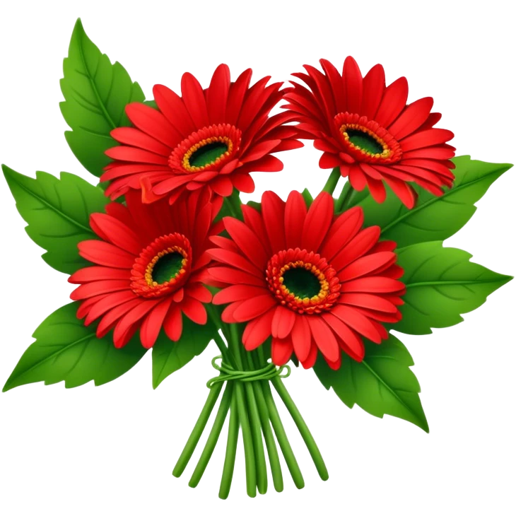 bouquet Bright Red Gerbera Daisy, luxuriant, leaf, bud emoji