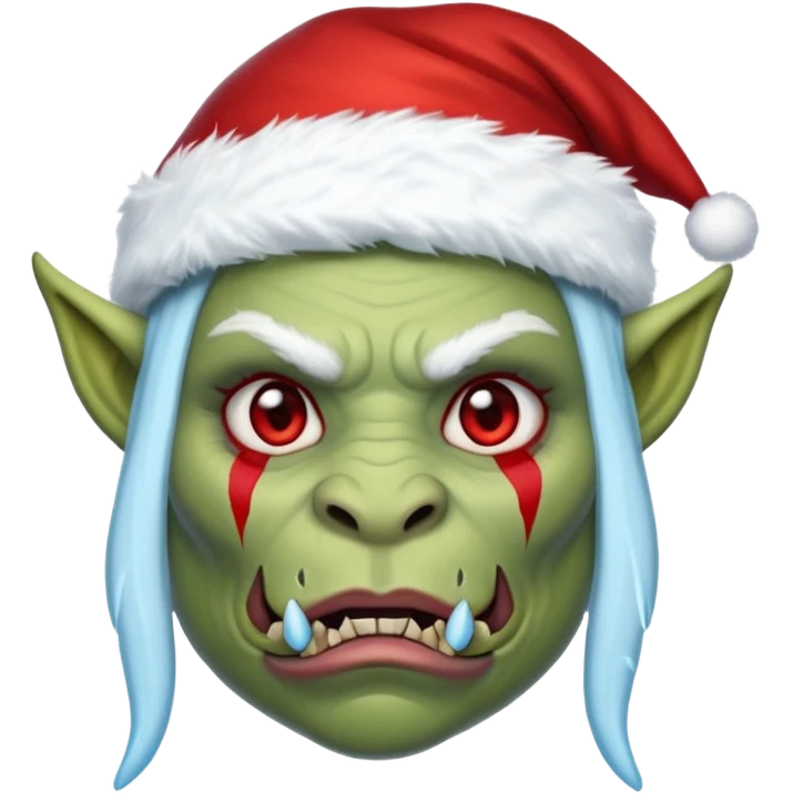 Fantasy orc emoji portrait, Santa Claus hat stretched around tusks, tusks covered with ice and crimson frost cracks, cold predator expression, winter hunt atmosphere, minimal clean emoji design, female variant
 emoji