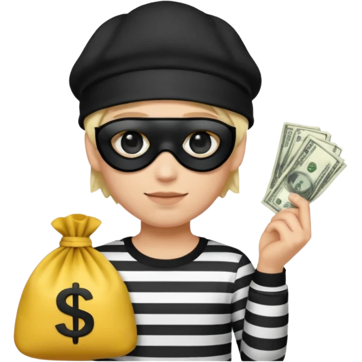 Realistic ios emoji-style portrait of a classic burglar, a black eye mask and a black-and-white striped shirt. emoji-like hair, black hat, a bag of money 💰 with a dollar sign in a right corner  emoji