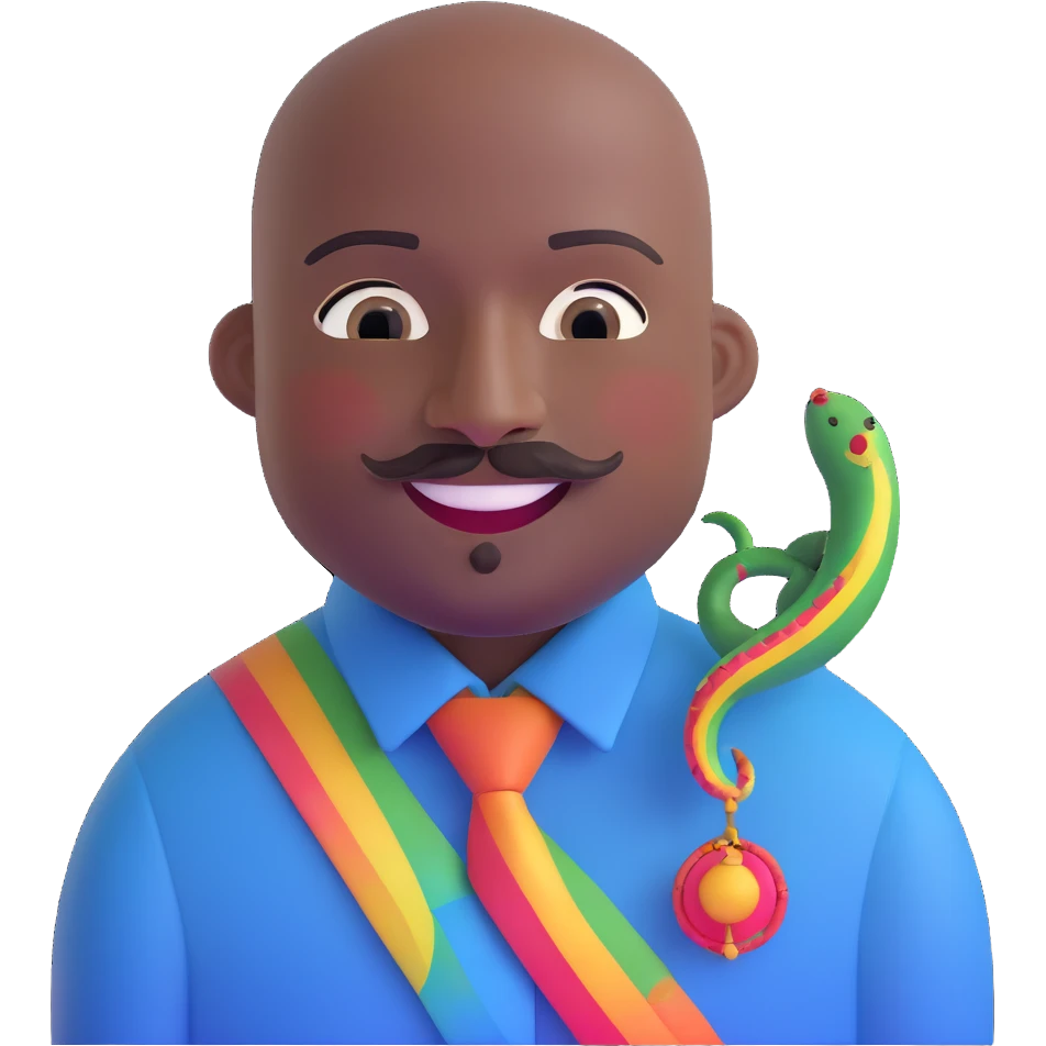 Oxumarê as a very happy and spontaneous smiling 37-year-old bald man with very dark skin, smooth oval head, indigenous facial features, mustache with circular beard only on chin (no hair on sides), a round mole on the right side below the lip, wearing a blue striped dress shirt, and a rainbow serpent, Memoji style emoji