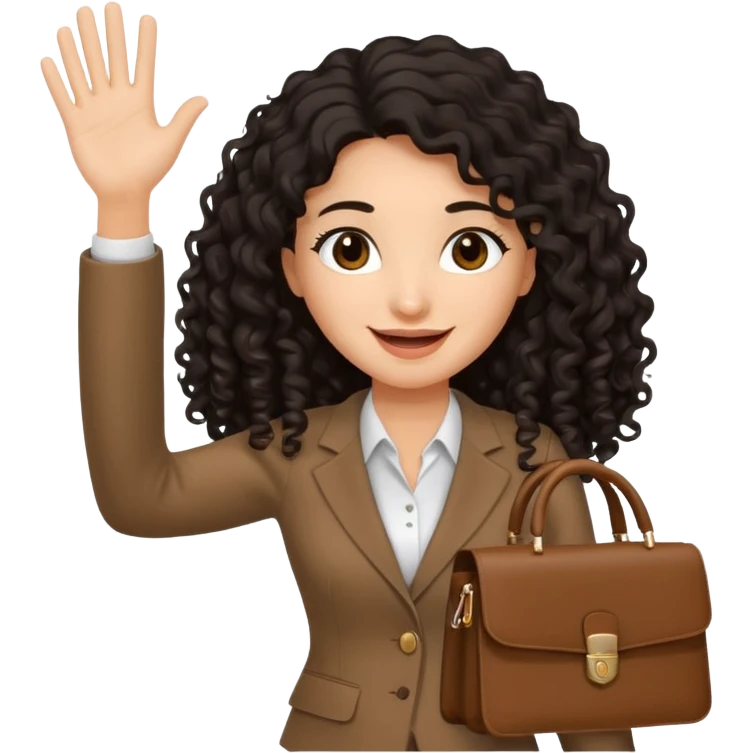 medium deep tan brown business woman with long black curly hair, waving hand with happy face and holding a close laptop and carrying a bag on her dhoulder emoji