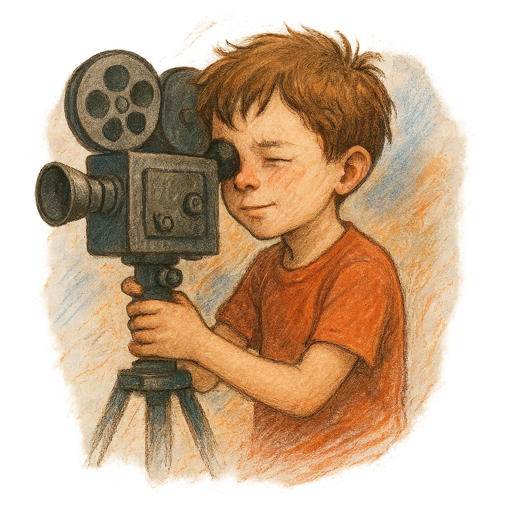 a little boy behind a camera, making a film, creative atmosphere emoji