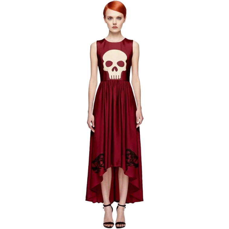 No human figures, Alexander MacQueen's Women's Skull Print Evening Dress in Oxblood, sleeveless evening dress featuring an all-over fiery red Skull print. emoji