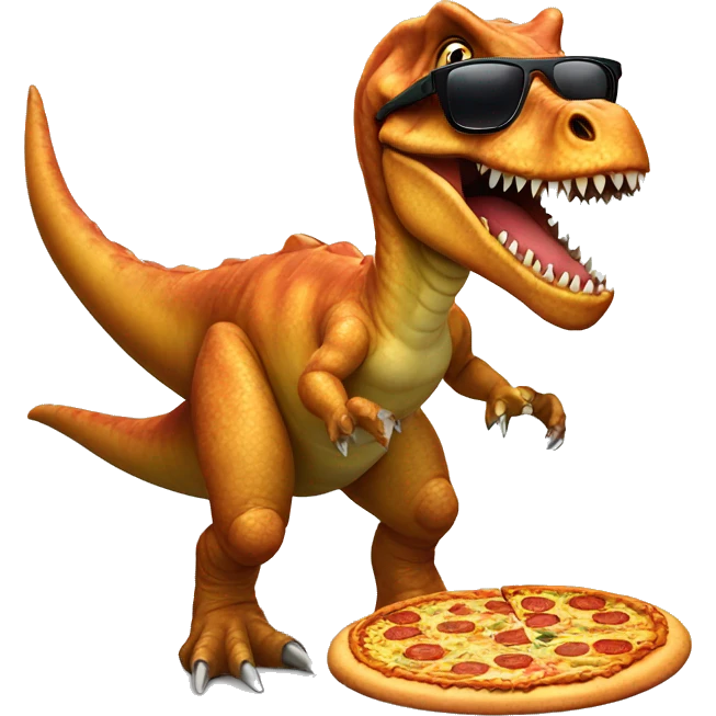 Surfing dinosaur wearing sunglasses eating a pizza emoji