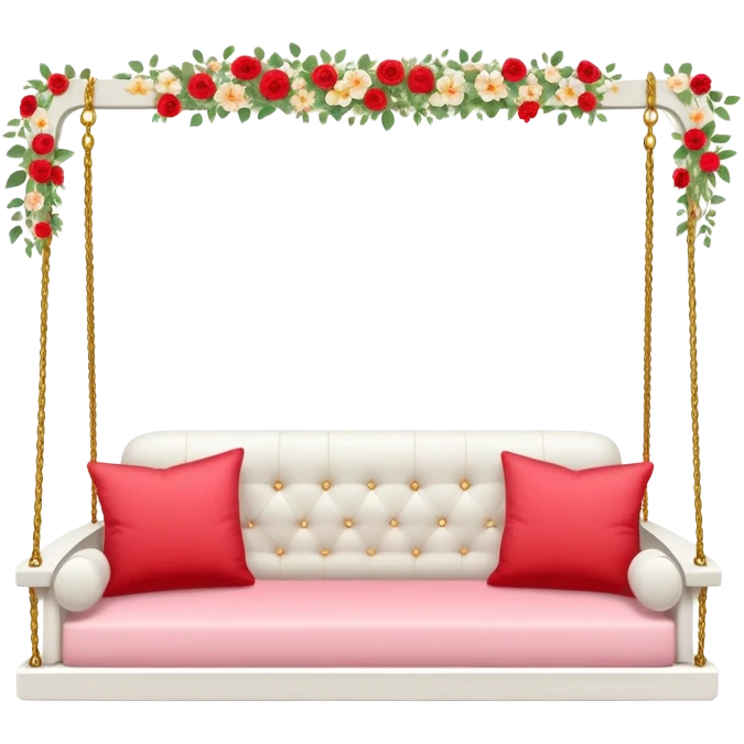Romantic white wooden pastel-red cushions couch-swing with tiny gold flowers around emoji