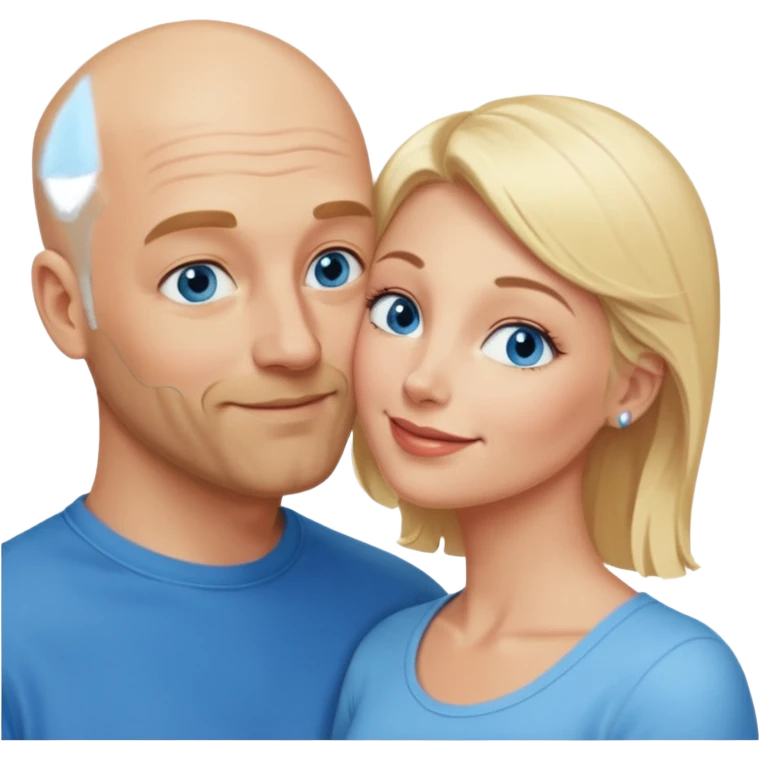 middle age bald man with salt and blonde scruff, blue eyes and blonde woman with blue eyes kissing each other emoji