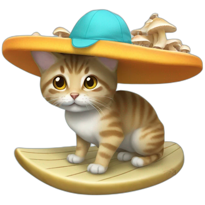 Surf cat with mushrooms hat and mashrooms emoji