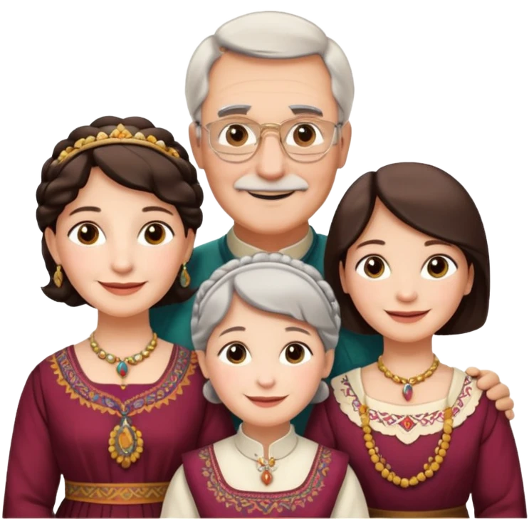 Indiana family with a 70 years old father and mother and a 40 years old daughter. They wear a traditional dress. They are smiling. emoji