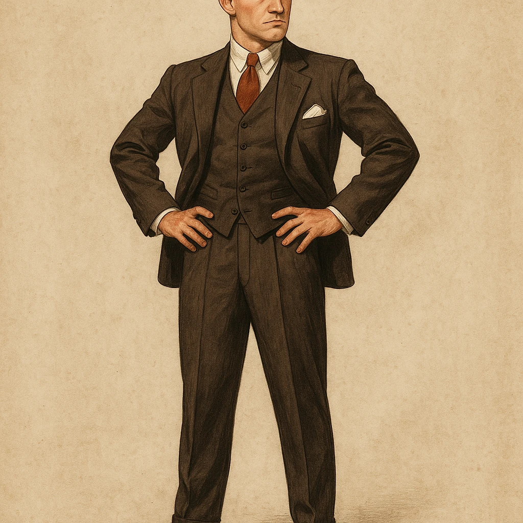 full body illustration of Tom Buchanan, Great Gatsby, formal attire, athletic, arrogant expression, 1920s style emoji