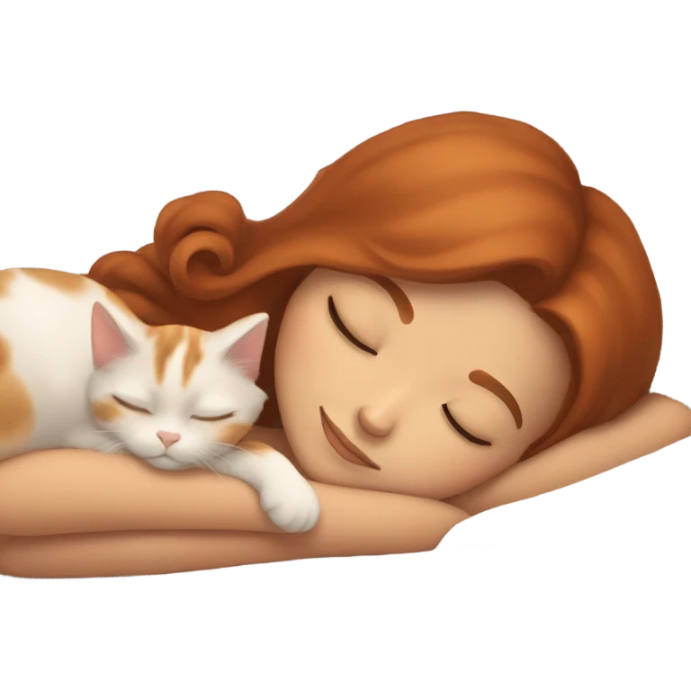 tan skin girl with auburn hair sleeping with calico kitty emoji