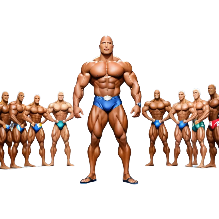 Dwayne Johnson, oiled and posing at the Mr. Universe bodybuilding championship, showcasing his muscular physique in an iconic display of strength. The background features the stage with judges and audience, capturing the intensity and prestige of the competition. Transparent background. emoji