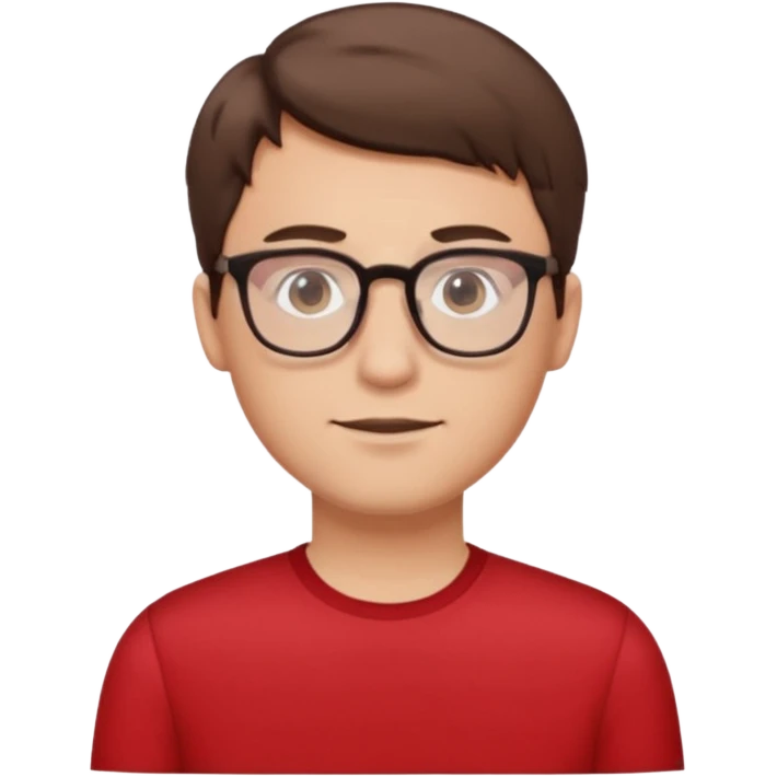 guy with short brown hair and glasses. he looks like a nerd. he is wearinf red emoji